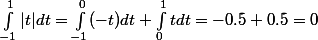 \int_{-1}^1|t|dt=\int_{-1}^0(-t) dt+\int_{0}^1tdt=-0.5+0.5=0